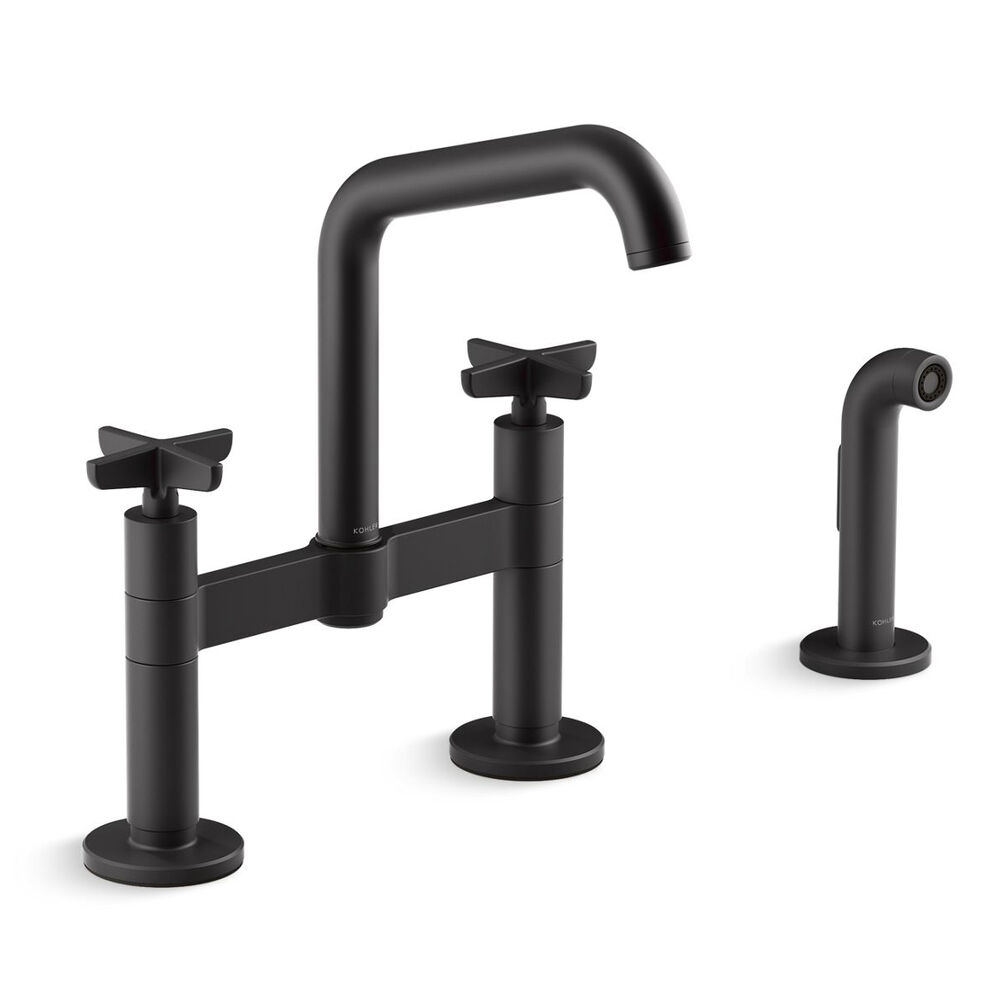 K-28665-3-BL Billet™ Two-Hole Bridge Kitchen Faucet w/ side Sprayer, Matte Black