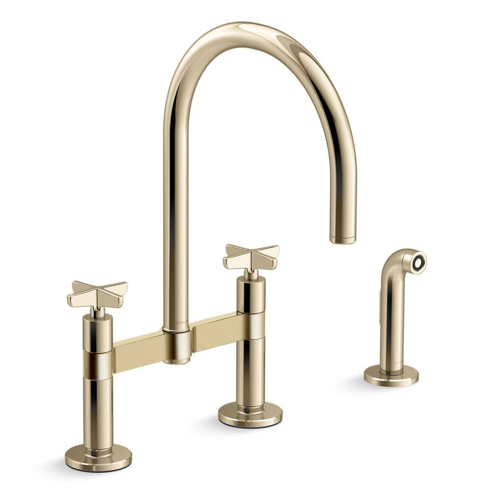 K-28673-3-AF Billet™ Two-Hole Bridge Kitchen Faucet w/ side Sprayer, Vibrant French Gold