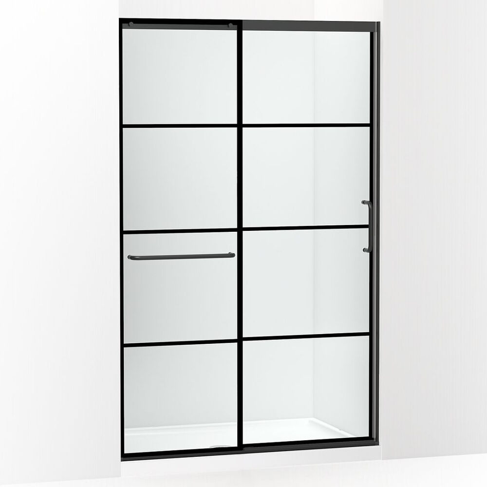 K-707613-8G79-BL Elate® Sliding Shower Door, 75-1/2" H x 44-1/4 - 47-5/8" W, w/ heavy 5/16" thick Crystal Clear glass w/ Rectangular grille pattern, Matte Black