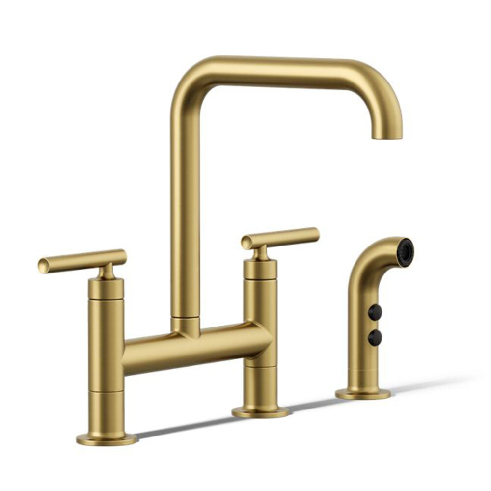 K-7548-4-2MB Purist® Two-Hole Bridge Kitchen Faucet w/ side Sprayer, Vibrant Brushed Moderne Brass