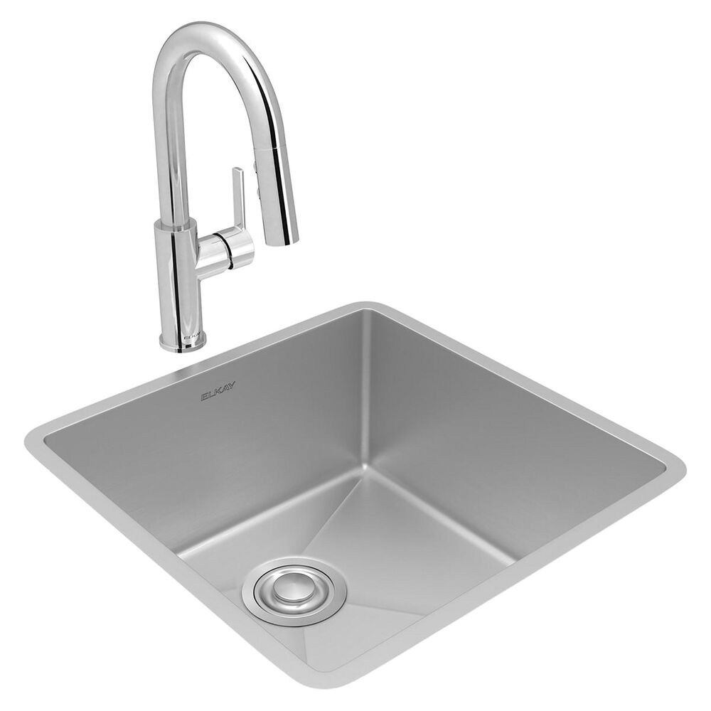 Elkay® ECTRU17179TFCC 18-1/2"x 18-1/2"x 9" Crosstown® Transitional Undermount Kitchen Sink and Faucet Kit, 18 ga 304 Stainless Steel, Polished Satin