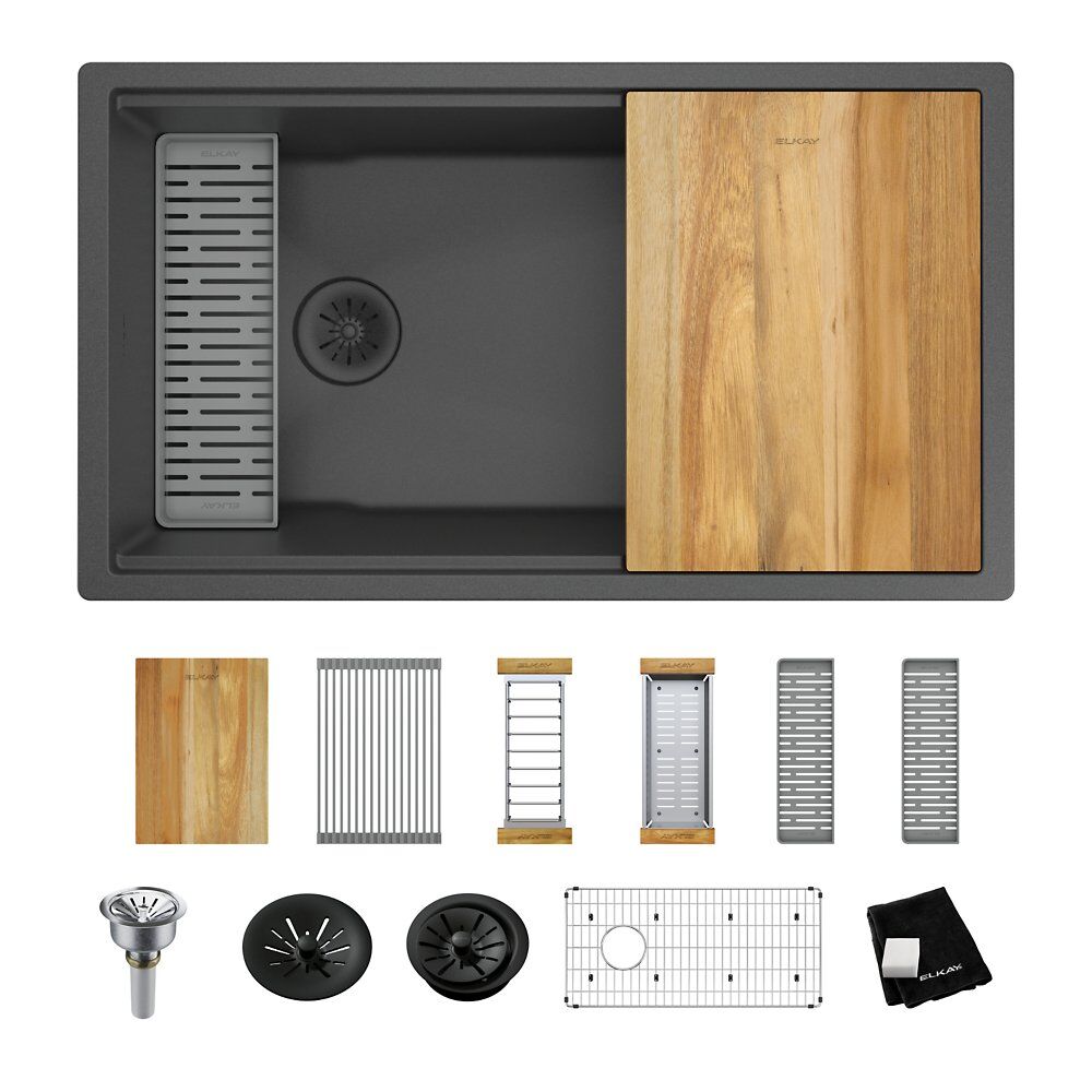 Elkay ELXRU13322WCH0 Quartz Luxe® 33" Single Bowl Undermount Workstation Sink Kit with Perfect Drain, Charcoal