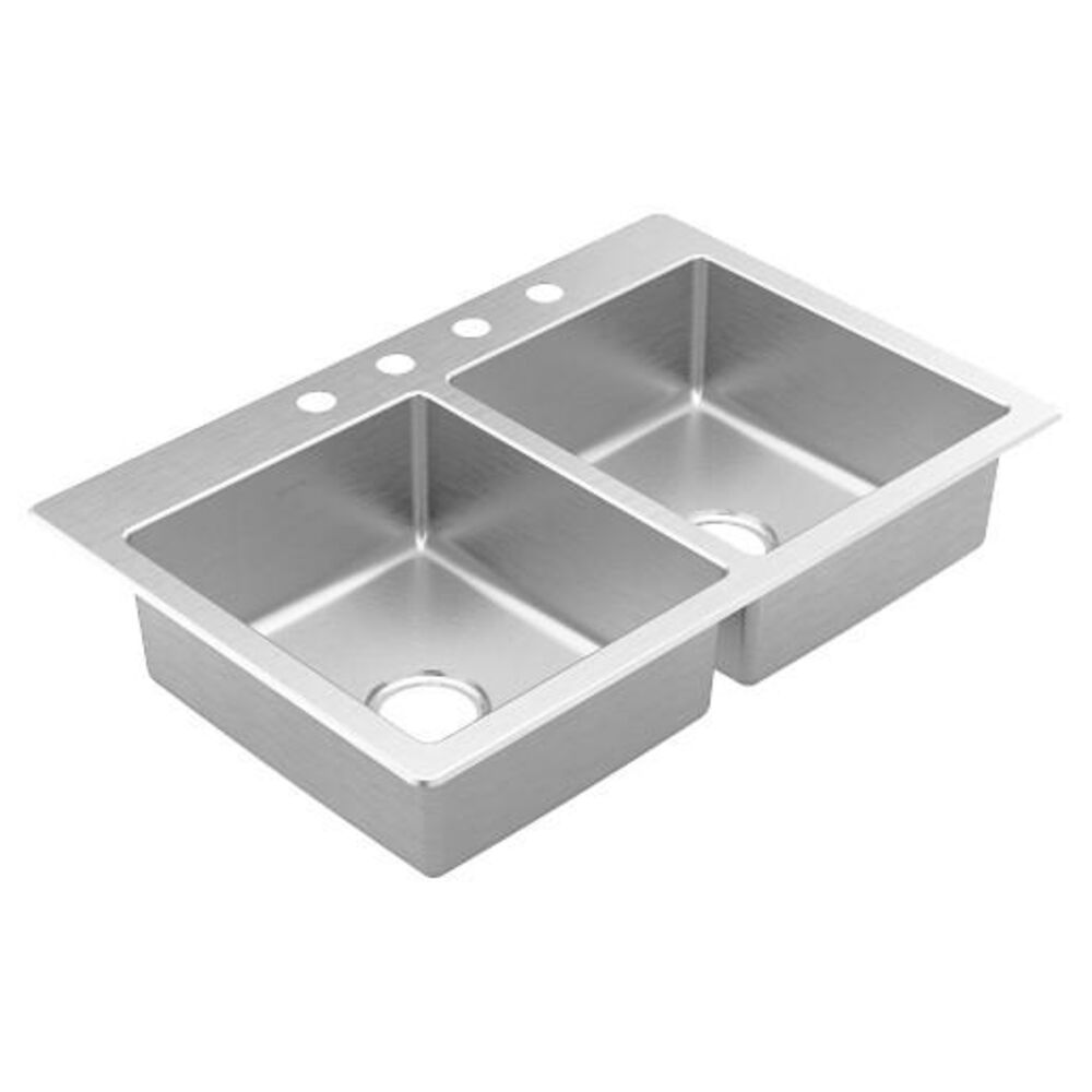 Moen® GS202684 High Quality Sink, Oval/Rectangular Shape, 33 in L 22 in W 7 in D Bowl, 3 Faucet Holes, 22 in W x 7 in D x 33 in L, Stainless Steel