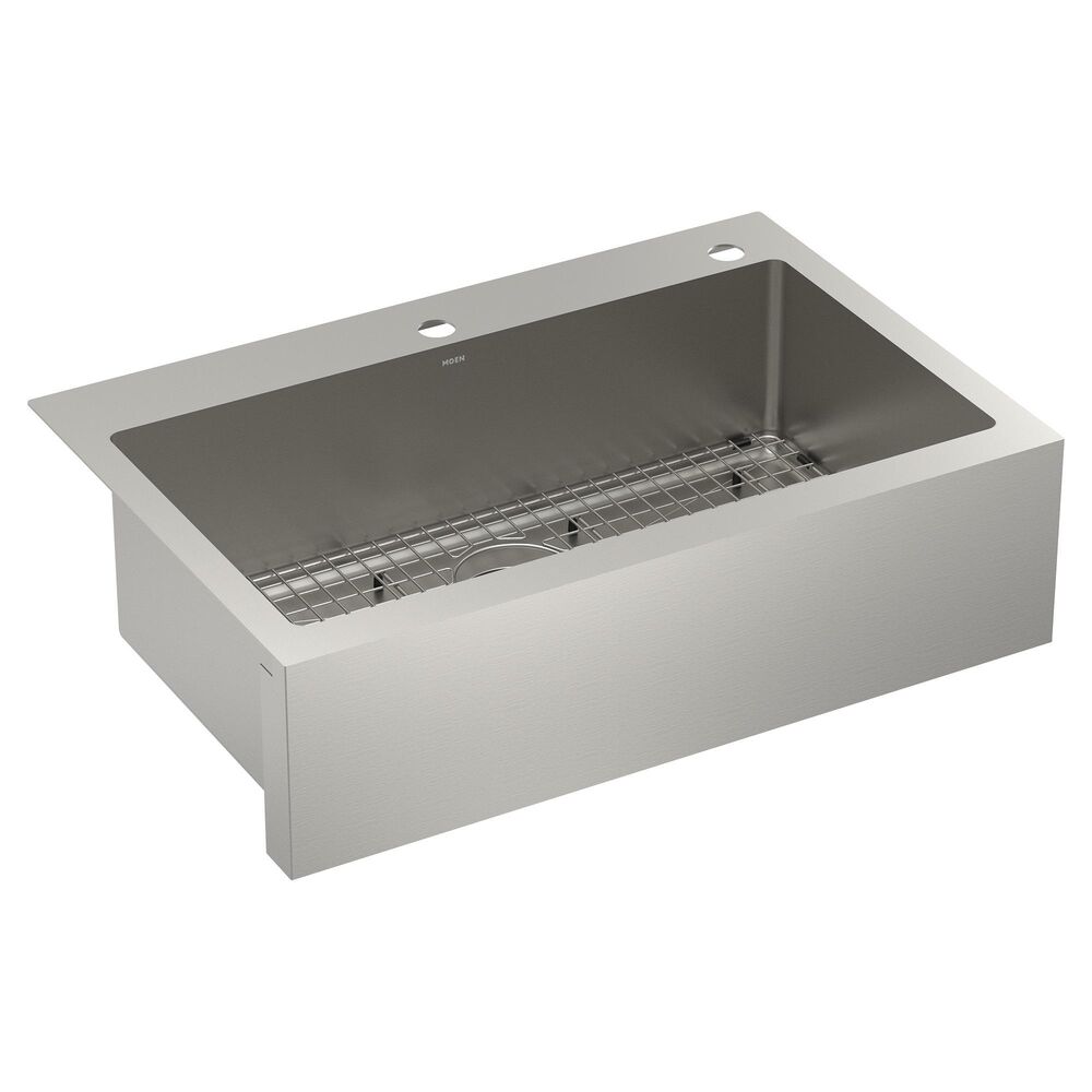 Moen® GS181092B 1800 Series Single Bowl Sink, 2 Faucet Holes, 33 in L x 22 in W, Reinforced Base Mounting, Stainless Steel, Brushed