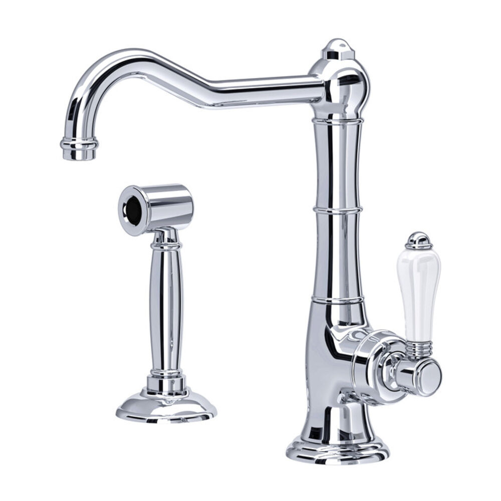 A3650/6.5LPWSSTN-2 Cinquanta Single Hole Column Spout Bar & Food Prep Faucet with Sidespray & White Porcelain Lever Handle, Polished Chrome