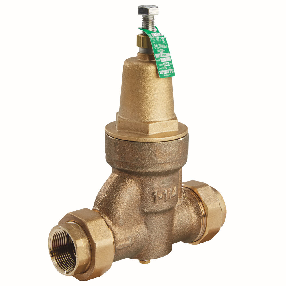 1-1/4" Lead Free Brass Water Pressure Reducing Valve, Double Union, FPT, Adjust 25-75 psi, Max Work 300 psi, Gauge Tapping