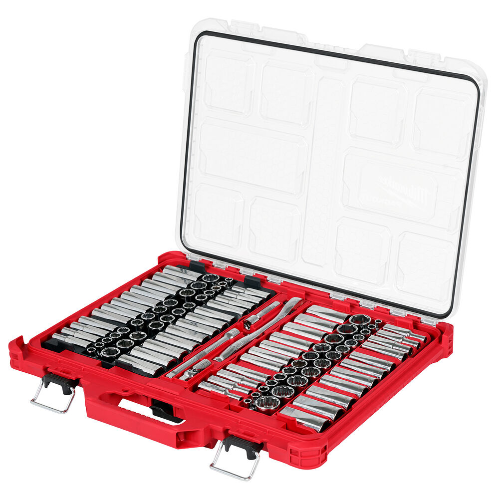 Milwaukee® Tool 48-22-9285 98 Piece 3/8" Drive 6-Pt and 12-Pt Metric & SAE Ratchet & Socket Set with PACKOUT™ Low-Profile Organizer