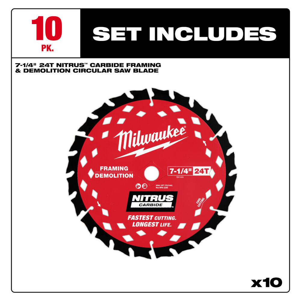 Milwaukee® Tool 48-41-0750 NITRUS™ Carbide Framing & Demolition Circular Saw Blade, 7-1/4" Dia, 5/8" Arbor Size, Carbide Blade, 24 Teeth, 10-Pack
