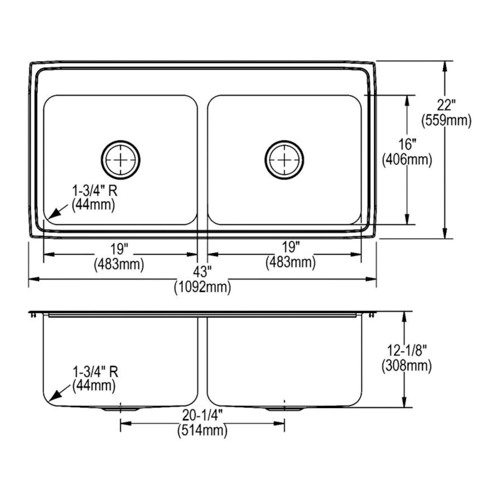 DLR4322122 43" Classic Equal Double Bowl Drop-In Kitchen Sink, 2 Faucet Holes, Stainless Steel, Lustertone