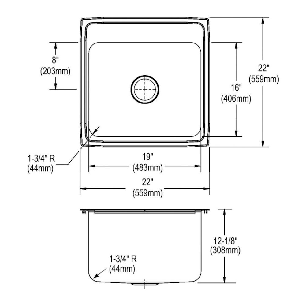 DLR2222124 22" Kitchen Sink, Classic, Square, 4 Faucet Holes, Top Mount, Stainless Steel, Lustertone