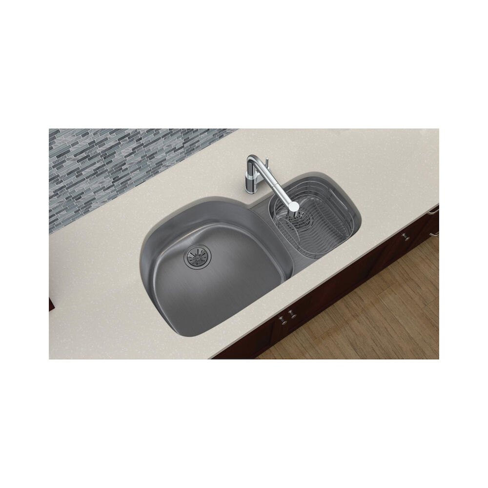 ELUH3621R 36-1/4" Offset Kitchen Sink, Lustertone, Rectangular, Under Mount, 18 ga Stainless Steel, Lustertone