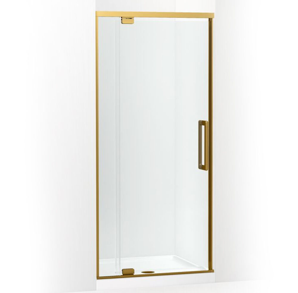KCA37593-8L-2MB Statement™ 76 H x 36 W, 5/16" Thick Clear Glass Pivot Shower Door, Vibrant Brushed Moderne Brass Frame