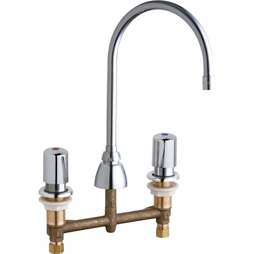 Chicago Faucet® 786-E3-765ABCP Deck-Mounted Metering Faucet, 2.2 gpm, 8" Center, 2 Handles, Chrome Plated