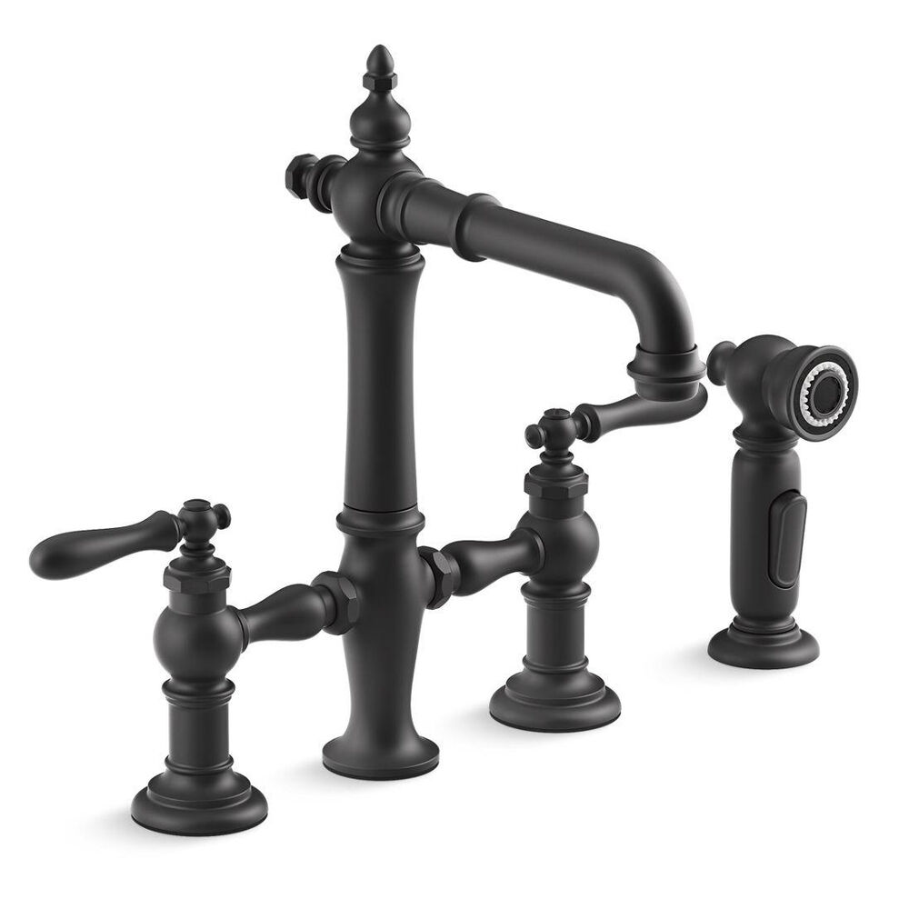 Kohler® 76520-4-BL Artifacts® Three-Hole Bridge Kitchen Faucet w/ Side Sprayer & Lever Handles, Matte Black