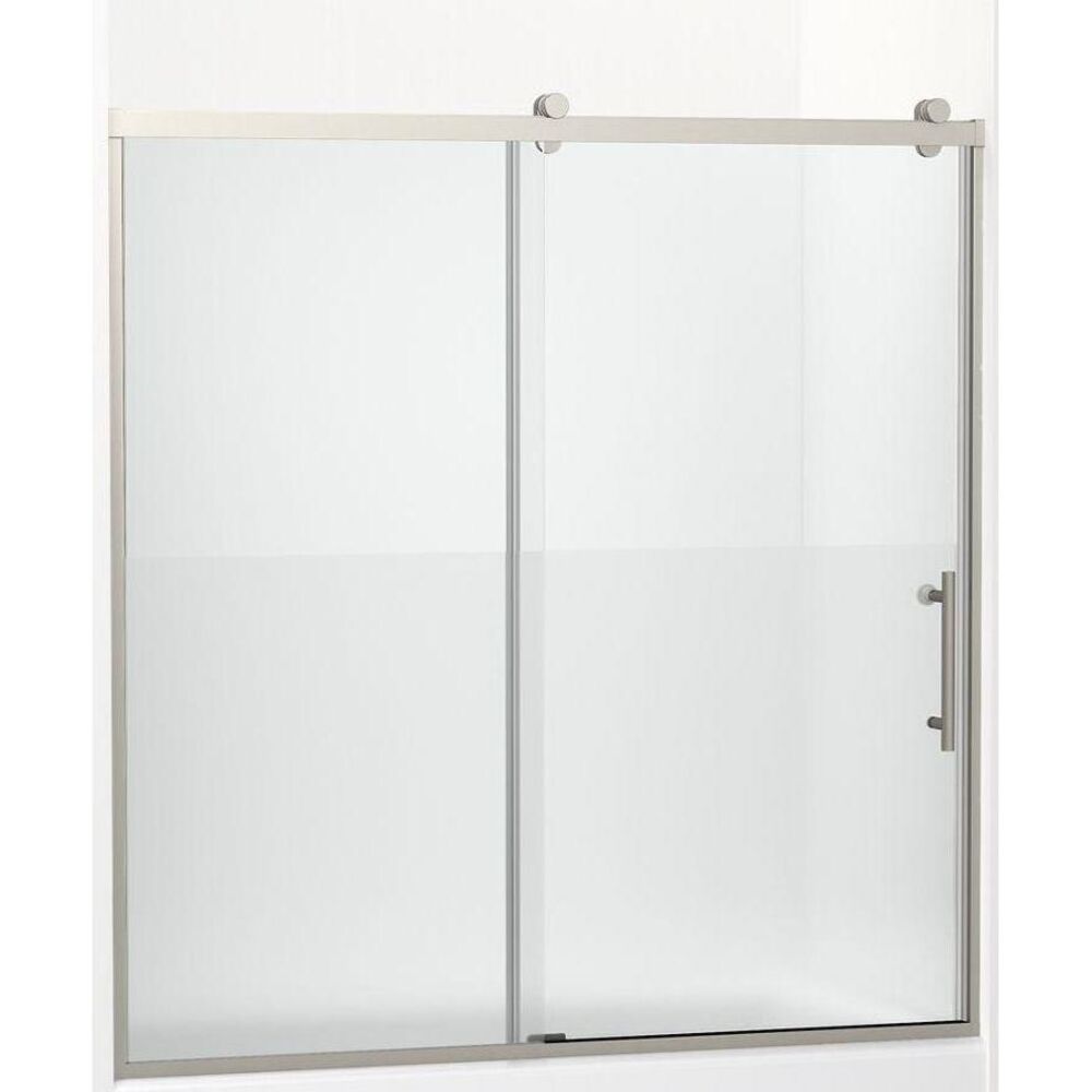 Kohler® 702253-10G81-BNK Rely® 62-1/2" H Frameless Sliding Bath Door, 3/8" THK Clear Tempered Glass w/ Frosted Privacy Band, Anodized Brushed Nickel