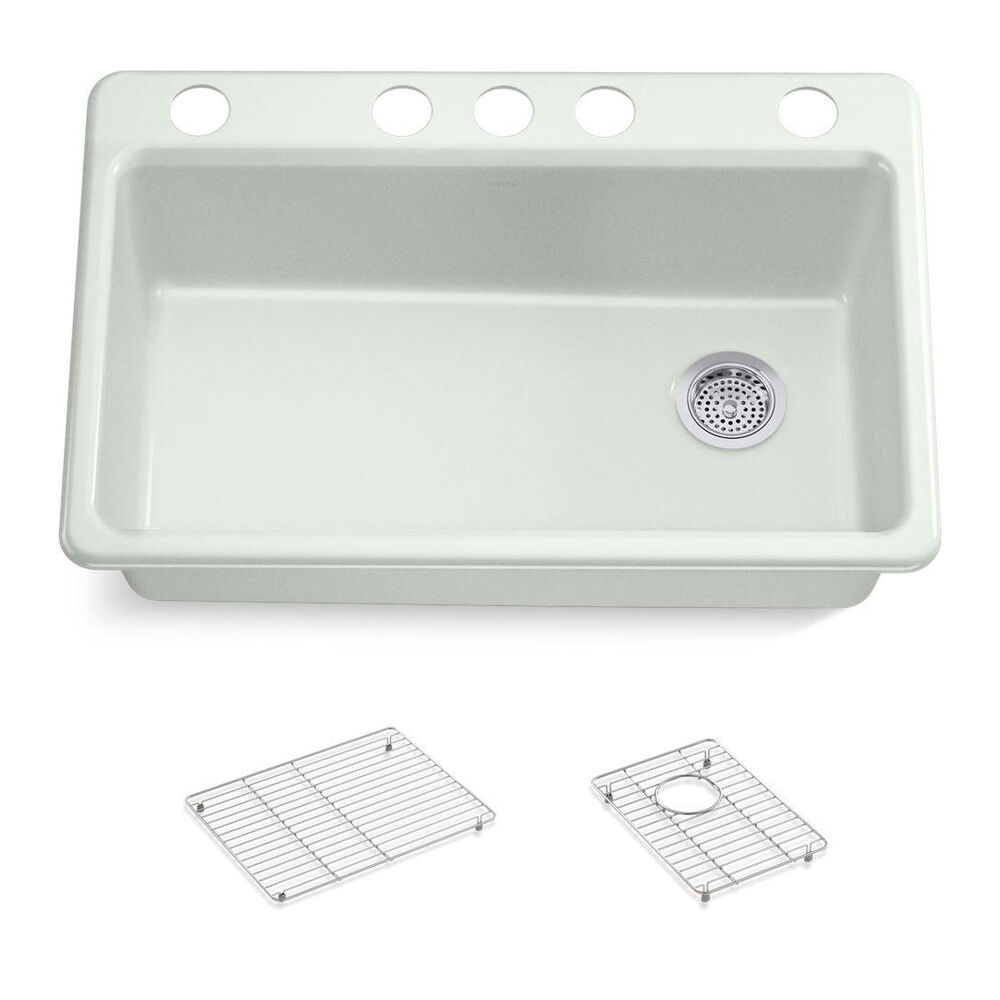 Kohler® 5871-5UA1-FF Riverby® 33" 5-Hole Single Bowl Kitchen Sink, Enameled Cast Iron, Sea Salt