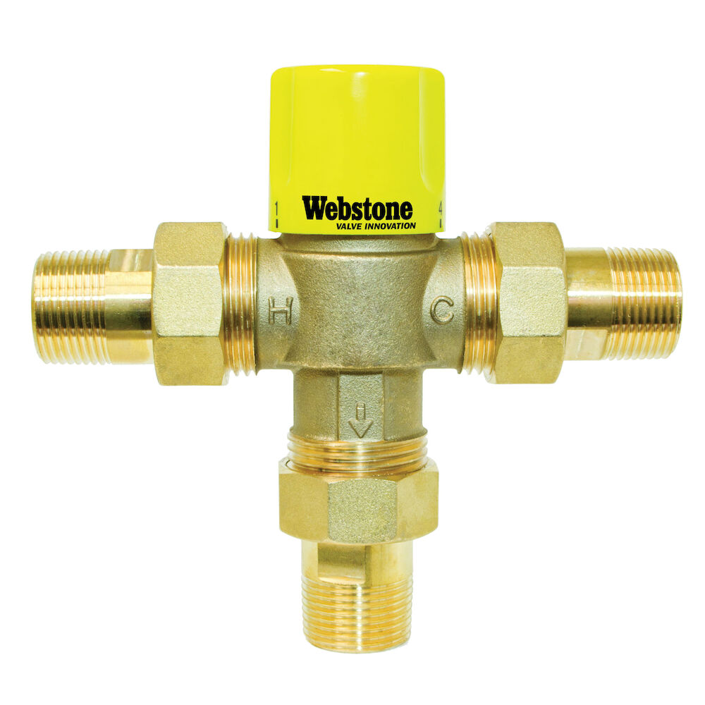 Webstone Clean Brass™ H-74103W 7410W Thermostatic Mixing Valve with Temperature Locking Handle, 3/4 in Nominal, MNPT, 150 psi, 0.5 gpm Flow Rate, Brass