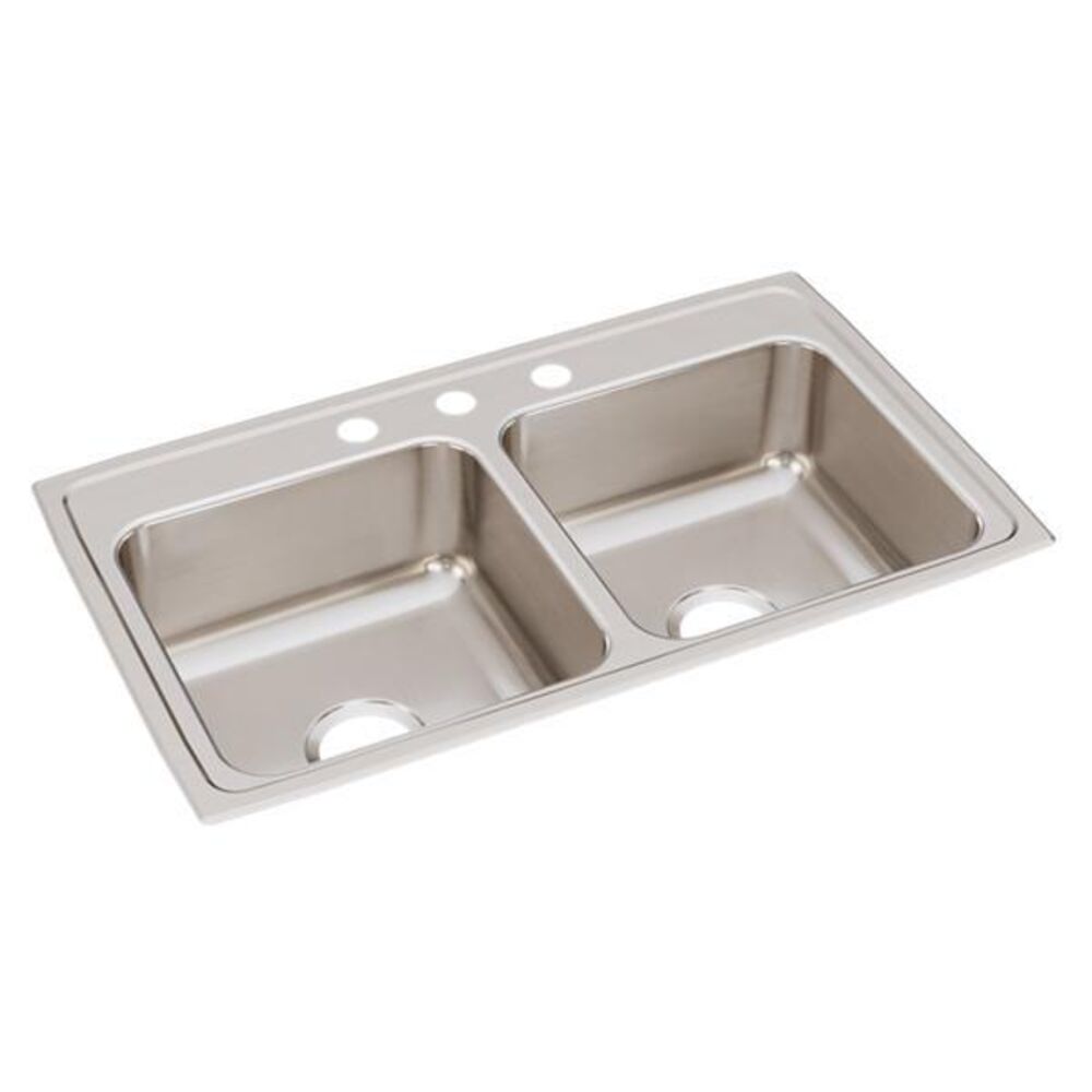 DL1933A3-J Just 33"x 19-1/2"x 7-5/8" Rectangular 3 Hole Equal Double Bowl Drop-In Sink, 304 Stainless Steel, Lustrous Satin