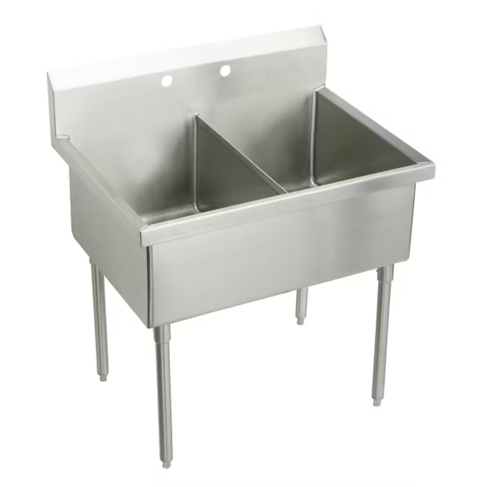 SB242-2-J Just 45"x 27-1/2"x 44" Floor Mount Double Bowl Scullery Sink w/ 8" Backsplash, 2-Hole, 304 Stainless Steel, Buffed Satin