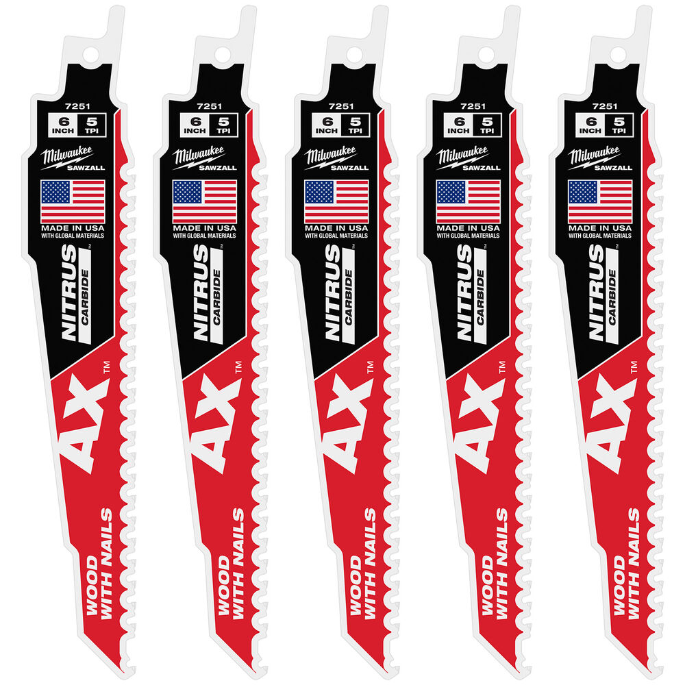 Milwaukee® Tool 48-00-7551 AX™ w/NITRUS™ Carbide Teeth SAWZALL®, 5 TPI, 6" L, 5 Pack