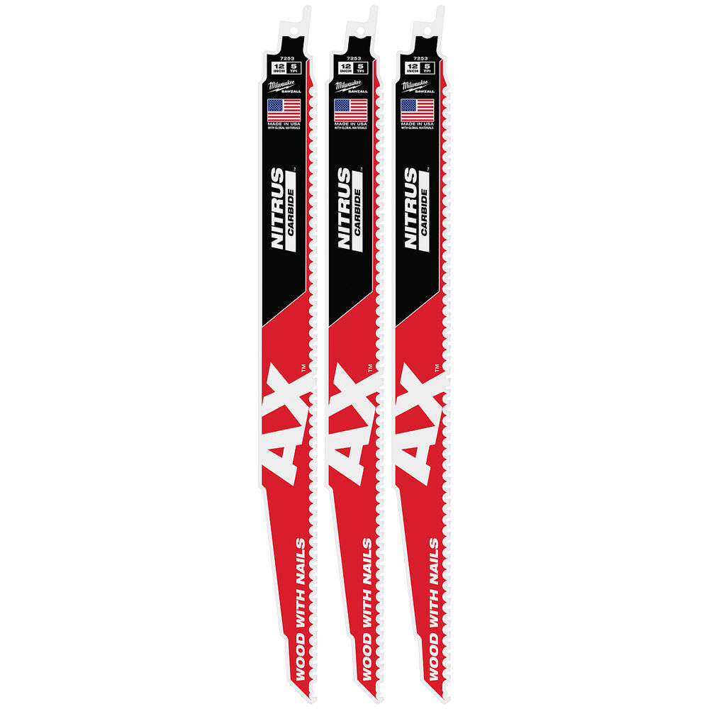 Milwaukee® Tool 48-00-7353 AX™ w/NITRUS™ Carbide Teeth SAWZALL®, 5 TPI, 12" L, 3 Pack