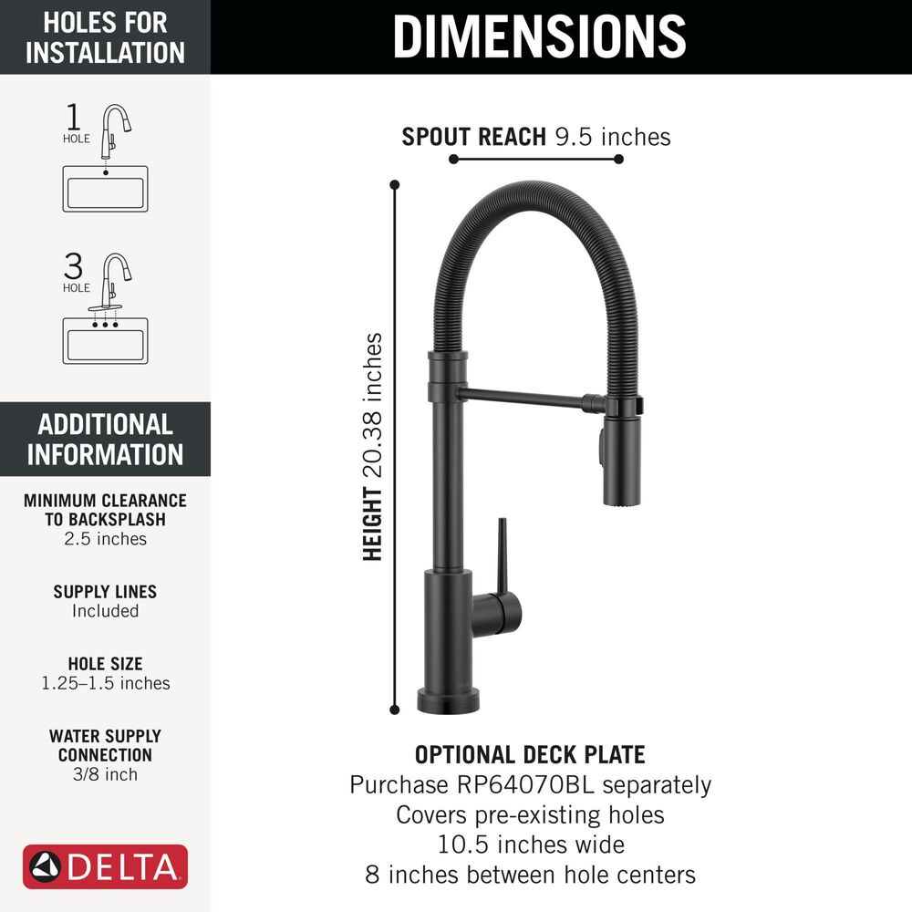 DELTA® 9659TL-BL-DST Trinsic® Single Handle Touchless ADA Kitchen Faucet, 1.8 gpm, 1 Hole, Matte Black