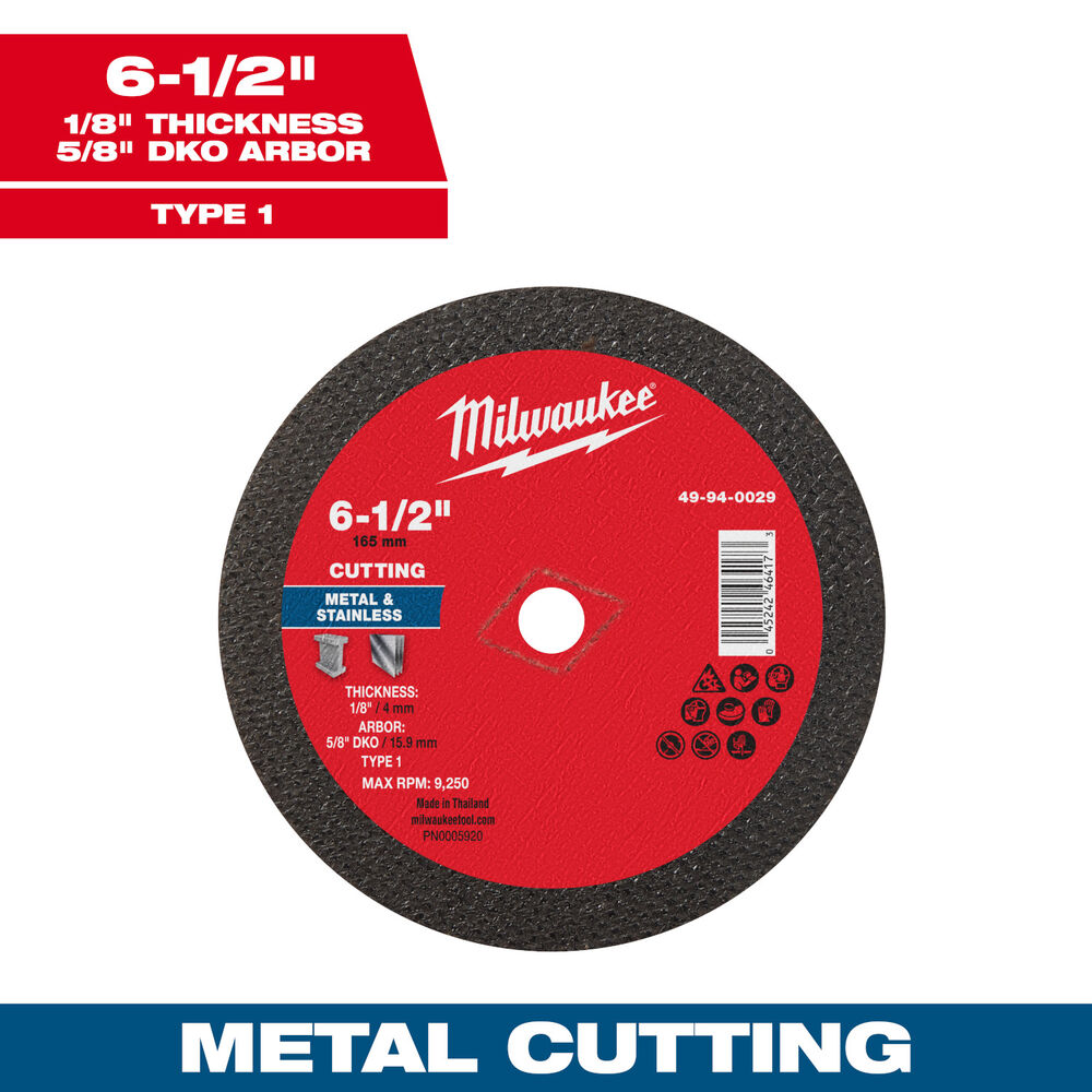 Milwaukee® Tool 49-94-0029 Cut-Off Wheel, 6-1/2" Dia x 1/8" THK, 5/8" Arbor Size, Type 1, 10 Pack