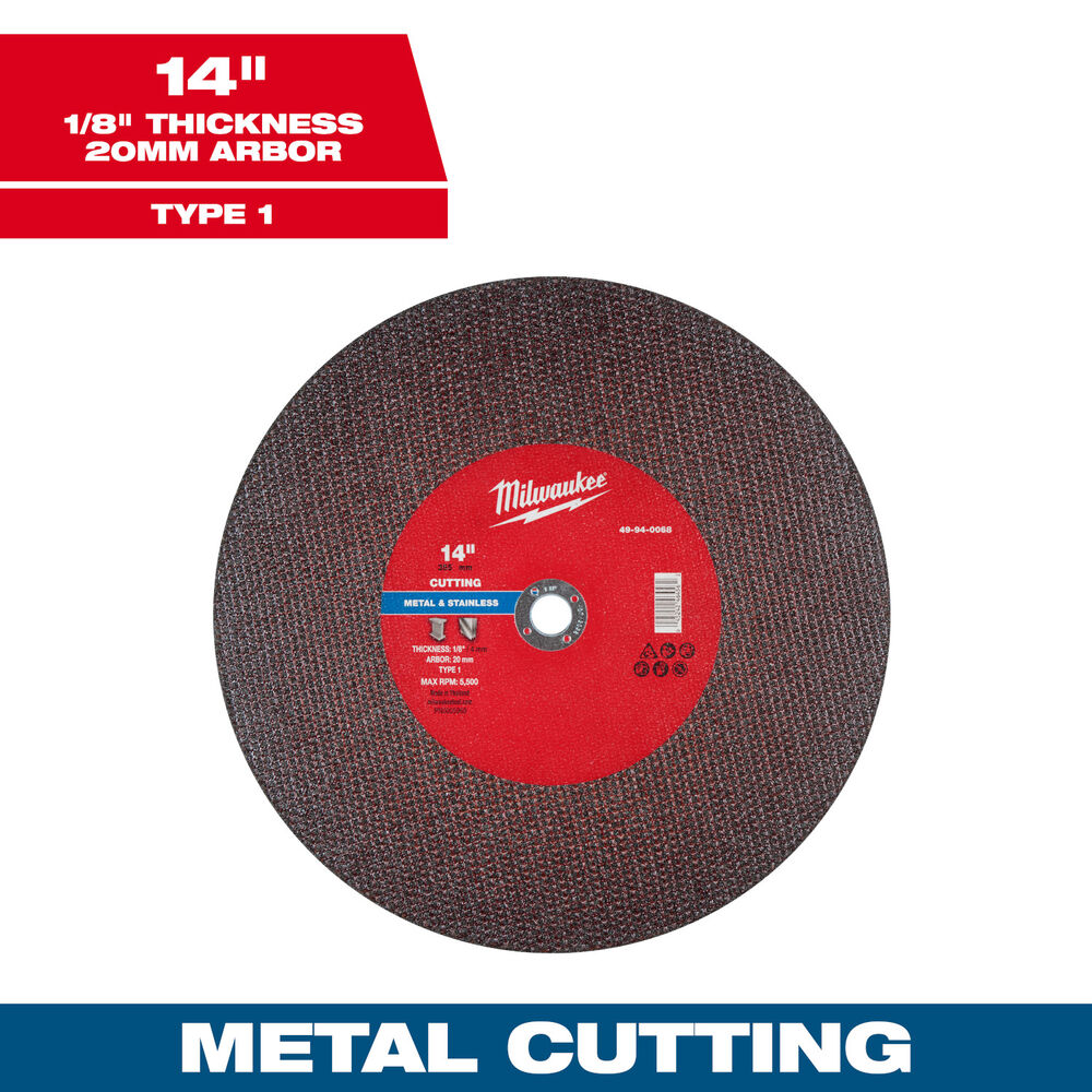 Milwaukee® Tool 49-94-0068 Cut-Off Wheel, 14" Dia x 1/8" THK, 20mm Arbor Size, Type 1, 10 Pack