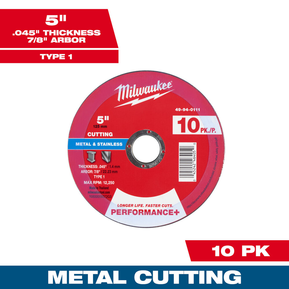 Milwaukee® Tool 49-94-0111 Cut-Off Wheel, Performance+, 5" Dia x .045" THK, 7/8" Arbor Size, Type 1