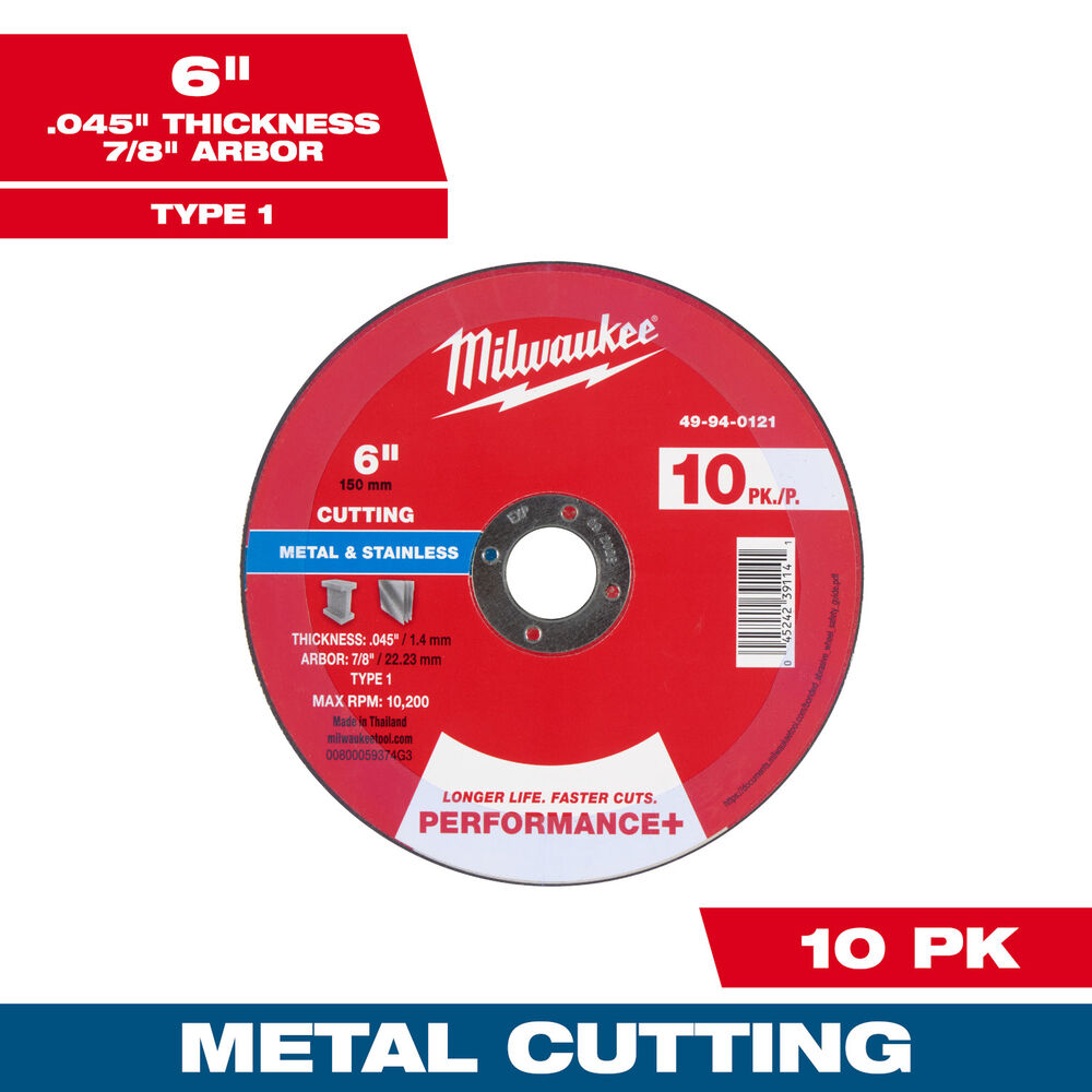 Milwaukee® Tool 49-94-0121 Cut-Off Wheel, Performance+, 6" Dia x .045" THK, 7/8" Arbor Size, Type 1