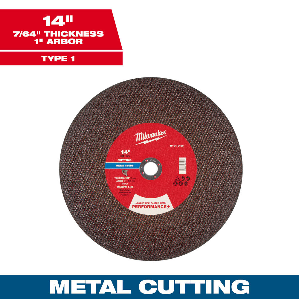 Milwaukee® Tool 49-94-0160 Cut-Off Wheel, Performance+, 14" Dia x 7/64" THK, 1" Arbor Size, Type 1, 10 Pack