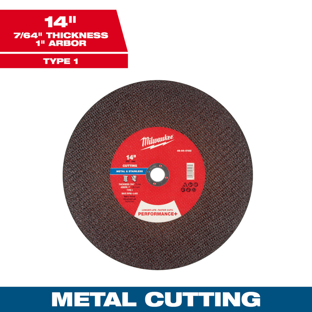 Milwaukee® Tool 49-94-0163 Cut-Off Wheel, Performance+, 14" Dia x 7/64" THK, 1" Arbor Size, Type 1, 10 Pack