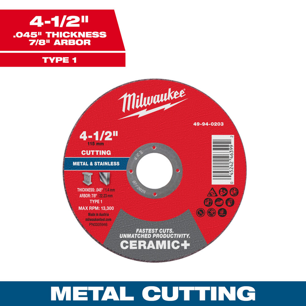 Milwaukee® Tool 49-94-0203 Cut-Off Wheel, Ceramic+, 4-1/2" Dia x .045" THK, 7/8" Arbor Size, Type 1, 25 Pack