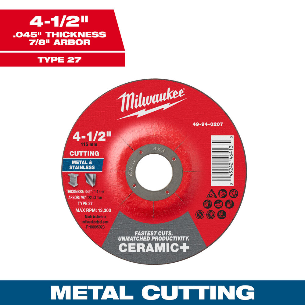 Milwaukee® Tool 49-94-0207 Cut-Off Wheel, Ceramic+, 4-1/2" Dia x .045" THK, 7/8" Arbor Size, Type 27, 25 Pack