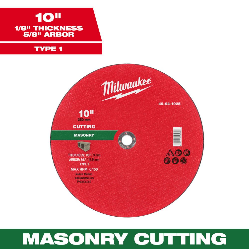 Milwaukee® Tool 49-94-1925 Masonry Cut-Off Wheel, 10" Dia x 1/8" THK, 5/8" Arbor Size, Type 1