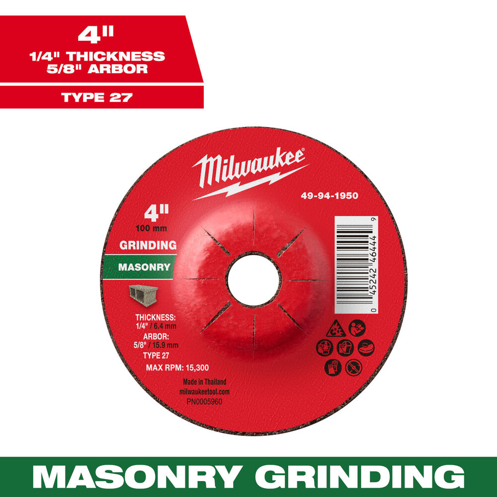 Milwaukee® Tool 49-94-1950 Masonry Grinding Wheel, 4" Dia x 1/4" THK, 5/8" Arbor Size, Type 27