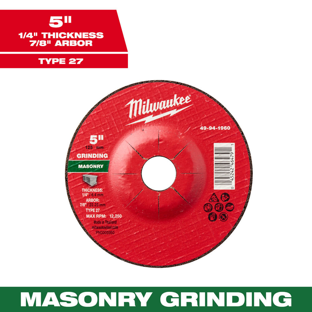 Milwaukee® Tool 49-94-1960 Masonry Grinding Wheel, 5" Dia x 1/4" THK, 7/8" Arbor Size, Type 27