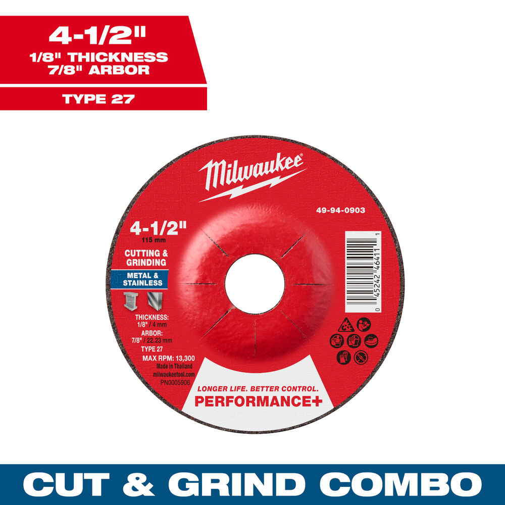 Milwaukee® Tool 49-94-0903 Performance+ Dual Metal Cut & Grind Wheel, 4-1/2" Dia x 1/8" THK, 7/8" Arbor Size, Type 27