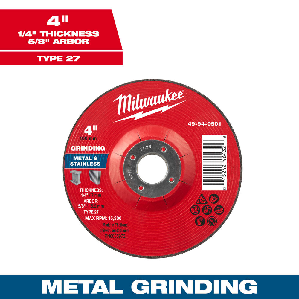 Milwaukee® Tool 49-94-0501 Metal Grinding Wheel, 4-1/2" Dia x 1/4" THK, 5/8" Arbor Size, Type 27