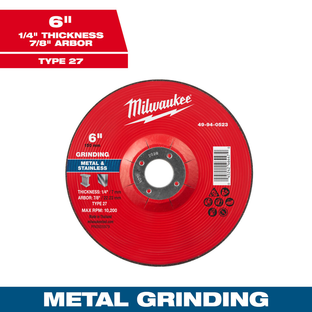 Milwaukee® Tool 49-94-0523 Metal Grinding Wheel, 6" Dia x 1/4" THK, 7/8" Arbor Size, Type 27