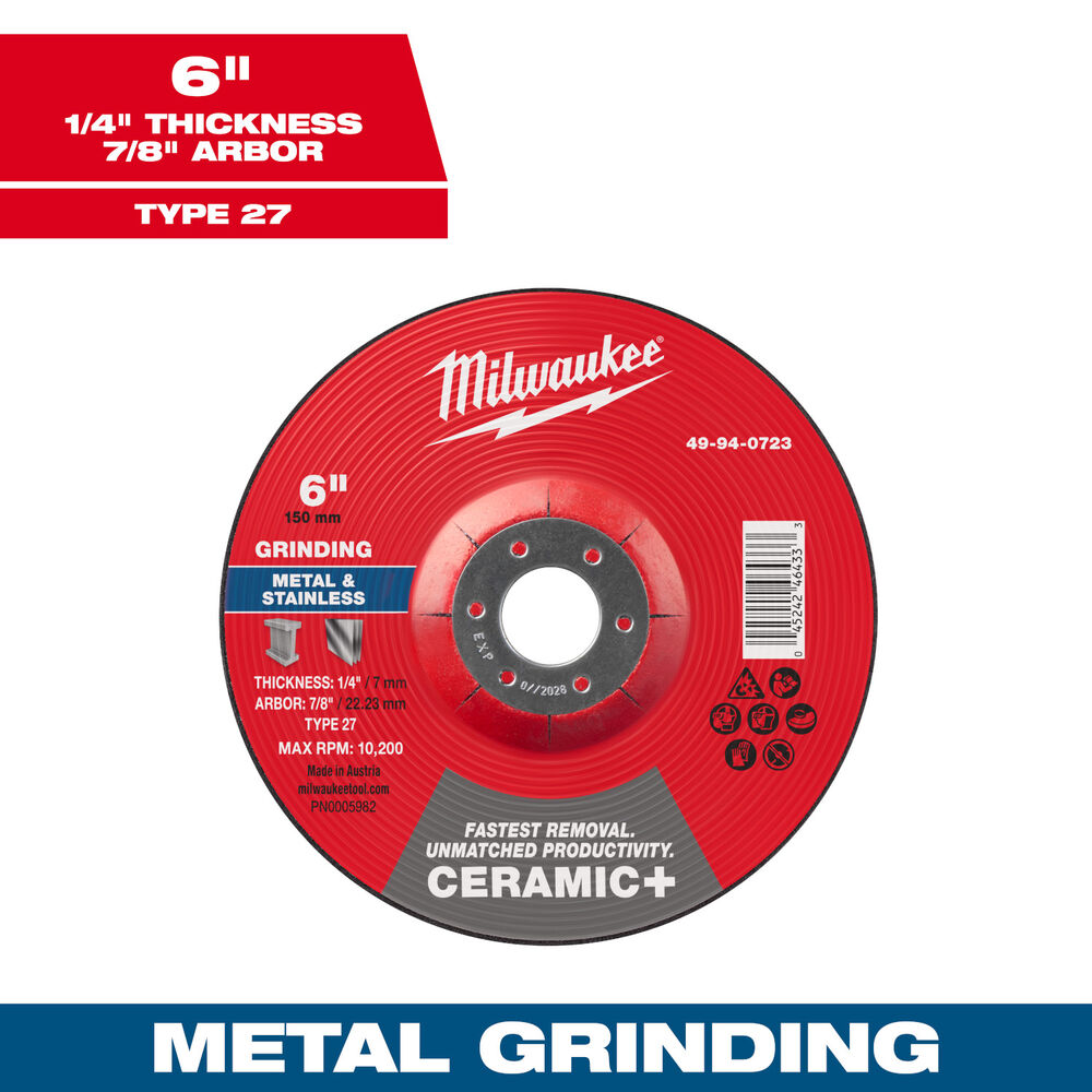 Milwaukee® Tool 49-94-0723 Ceramic+ Metal Cut & Grind Wheel, 6" Dia x 1/4" THK, 7/8" Arbor Size, Type 27