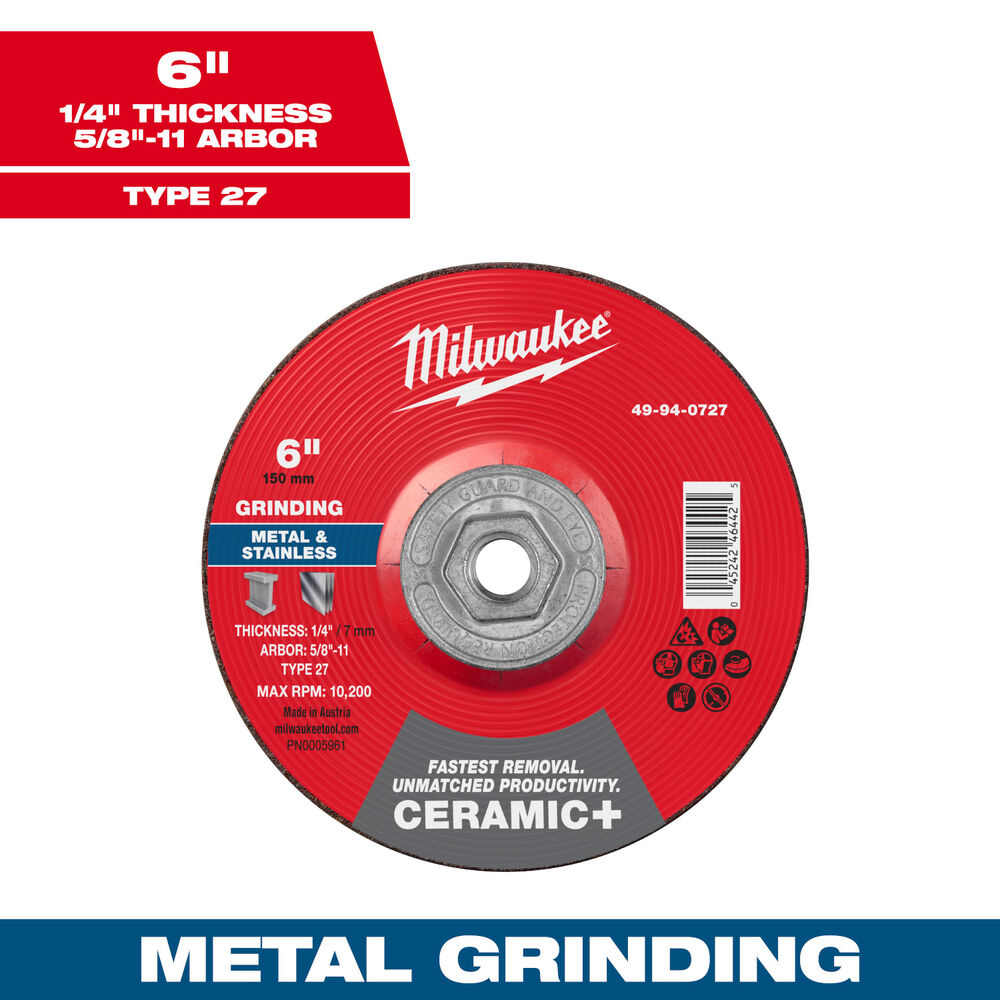 Milwaukee® Tool 49-94-0727 Ceramic+ Metal Cut & Grind Wheel, 6" Dia x 1/4" THK, 5/8"-11 Arbor Size, Type 27