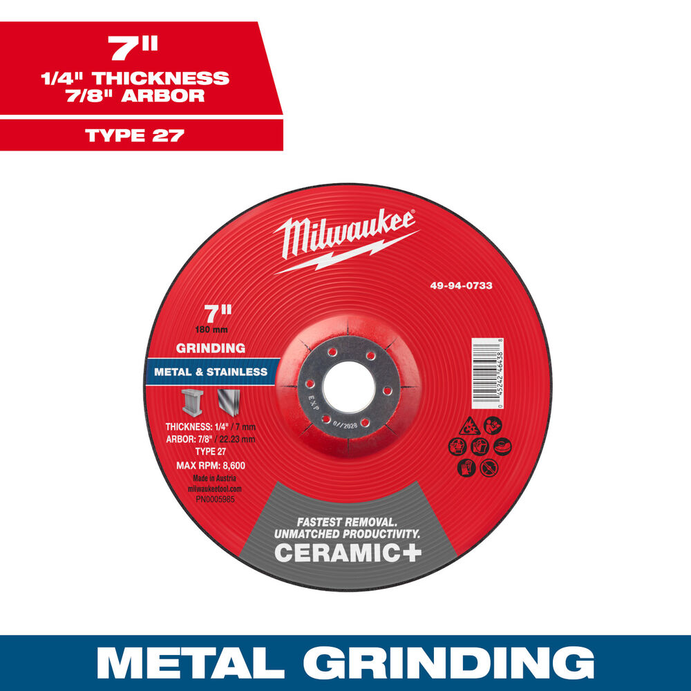 Milwaukee® Tool 49-94-0733 Ceramic+ Metal Cut & Grind Wheel, 7" Dia x 1/4" THK, 7/8" Arbor Size, Type 27