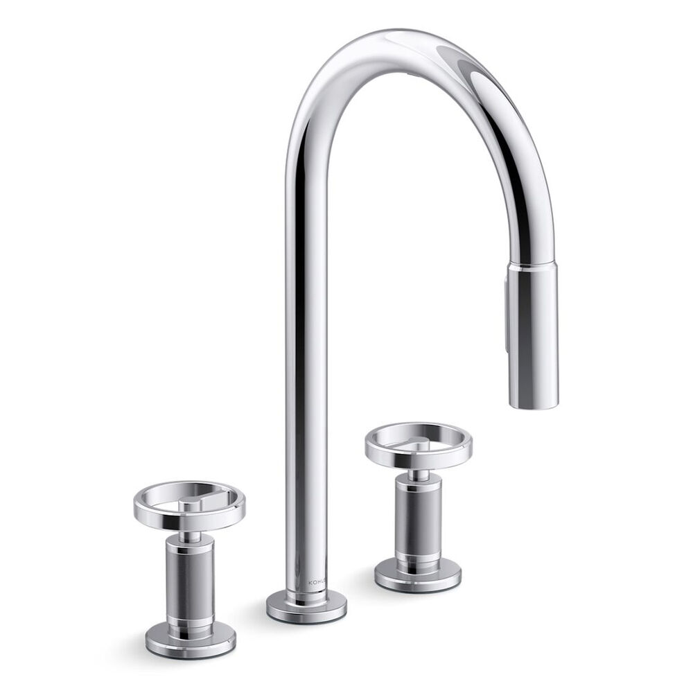 Kohler® K28671-9-CP Billet™ Widespread Pulldown Kitchen Faucet w/ (2) Circle Handles, Polished Chrome