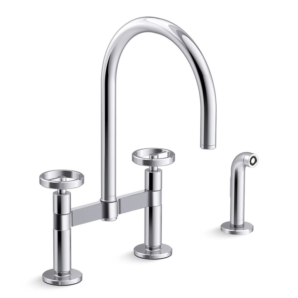 Kohler® K28673-9-CP Billet™ 2-Hole Bridge Kitchen Faucet w/ (2) Circle Handles & Side Sprayer, Polished Chrome
