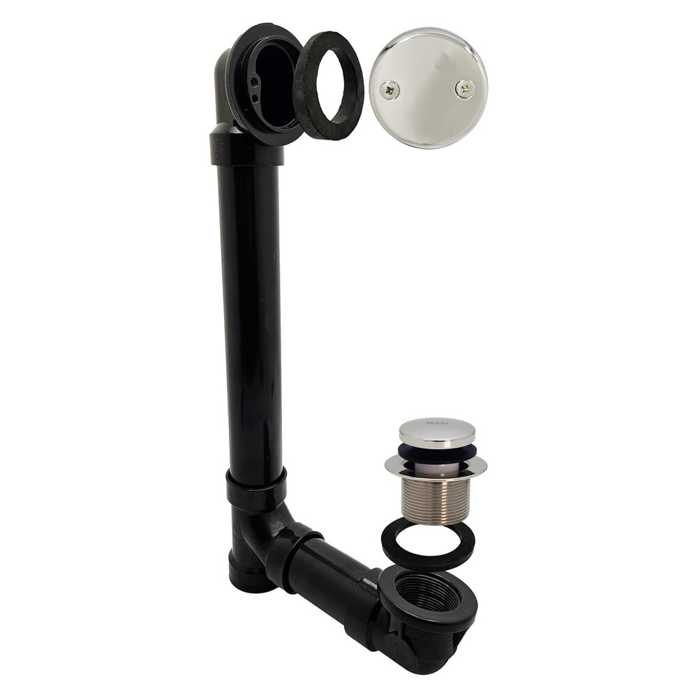 AB&A™ 61712 ABA1204SNCS Schedule 40 Waste & Overflow, One-Hole Overflow Full Kit w/ Pipe & Tee, ABS w/ Touch Toe Stopper, Satin Nickel