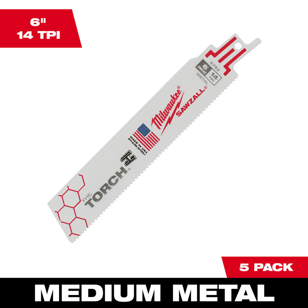 Milwaukee® Tool 48-00-5782 SAWZALL® The TORCH™ Demolition Straight Back Reciprocating Saw Blade, Bi-Metal Body, 5 Pack
