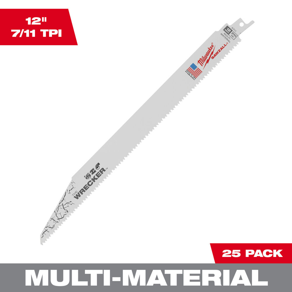 Milwaukee® Tool 48-00-8711 SAWZALL® The WRECKER™ Straight Back Reciprocating Saw Blade, 12" Lx1" W, 8, Bi-Metal Body, Universal Tang, 25 Pack