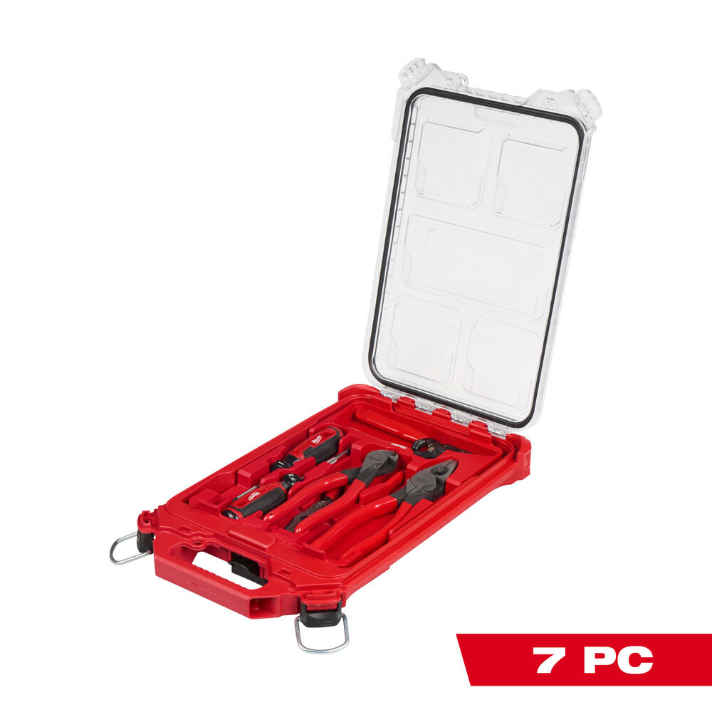 Milwaukee® Tool MT5006P Dipped Grip Pliers, Wire Stripper, & Cushion Grip Screwdrivers Set(USA) w/ PACKOUT™ Low-Profile Compact Organizer, 7 Piece