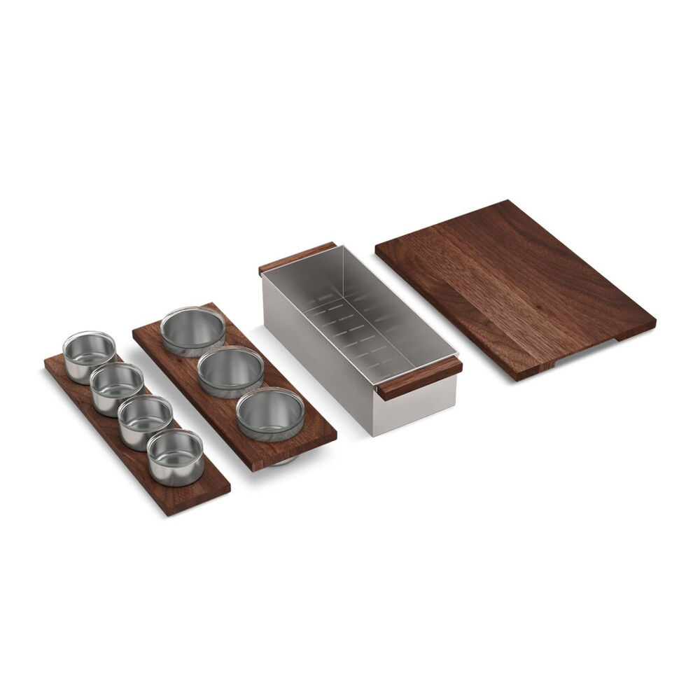 Kohler® 34542-WAL-NA 4-Piece Workstation Sink Accessory Set, Walnut Wood/Stainless Steel/Lead-Free Crystal Glass, For use w/ Synthos Kitchen Sinks